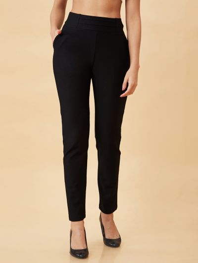 Globus Women Black Stretchable Skinny Fit Workwear Treggings With Pockets