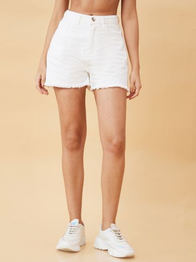 Globus Women White Stretchable Mid Rise Frayed Denim Shorts