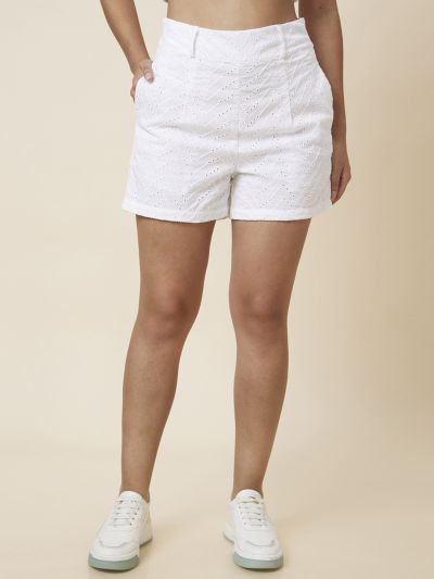 Globus Women White Chevron Schiffli High-Rise Cotton Shorts