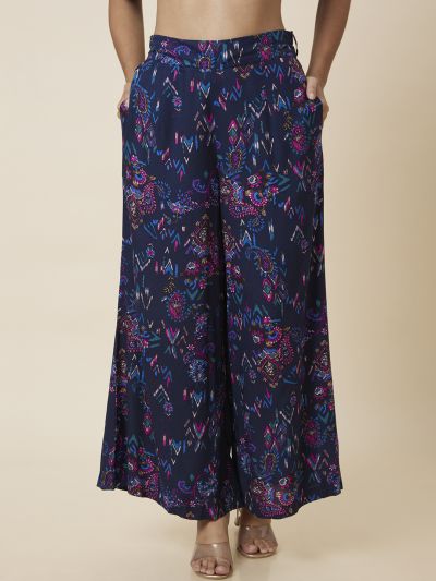 Globus Women Navy Blue Paisley Printed Wide Leg Palazzos