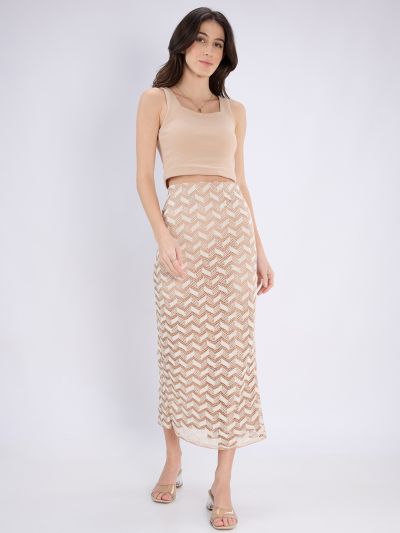 Globus Women Beige Chevron Pattern Crochet Mid Rise Back Slit Pencil Midi Skirt