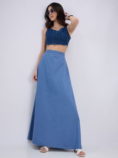 Globus Women Blue High-Rise A-Line Flared Hem Denim Maxi Skirt