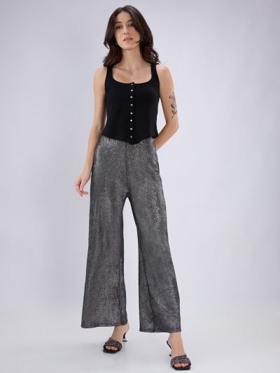 Globus Women Black Sheen Self Design Mid Rise Flared Party Trousers