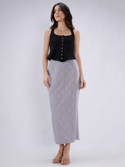 Globus Women Grey Self Design Paisley Print Mid Rise Back Slit Pencil Midi Skirt