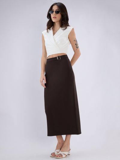 Globus Women Brown Mid Rise Back Slit Pencil Midi Workwear Skirt