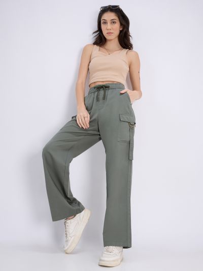 Globus Women Olive Mid Rise Elasticated Waist Wide Leg Cargo Trousers