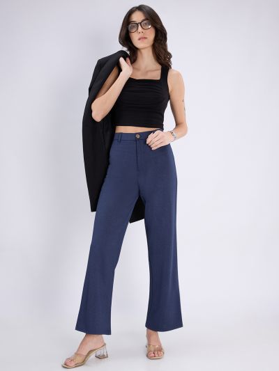 Globus Women Navy Blue Checkered Mid Rise Regular Fit Wide Leg Formal Trousers