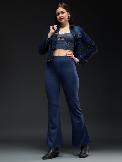 Globus Women Navy Blue Checkered Mid Rise Regular Fit Wide Leg Formal Trousers