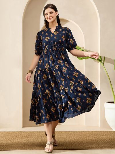 Globus Women Navy Blue Mandarin Collar Puff Sleeves Ethnic Print Waist Tie-Ups Tiered Midi A-Line Fusion Dress