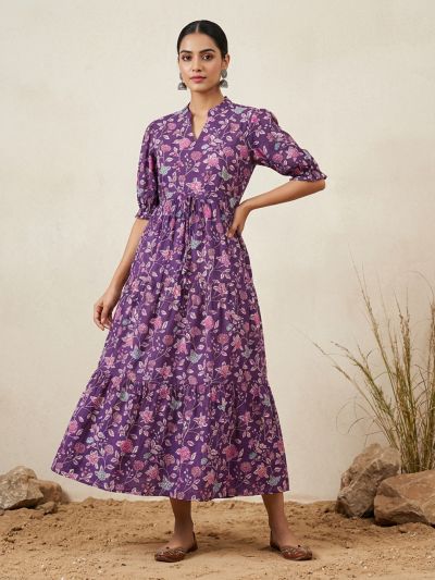 Globus Women Purple Mandarin Collar Puff Sleeves Floral Print Waist Tie-Ups Tiered Midi A-Line Fusion Dress