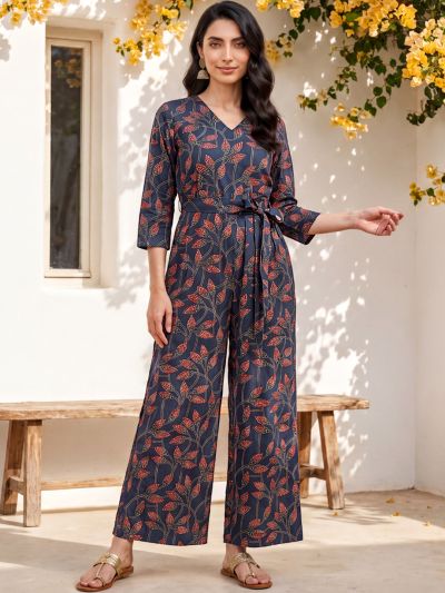 Globus Women Blue V-Neck Allover Floral Print Wide Leg Belted Jumpsuit