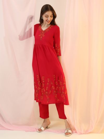 Globus Women Pink Embroidered V-Neck Gathered & Pleated Detail Flared Hem A-Line Kurta with Pants Set