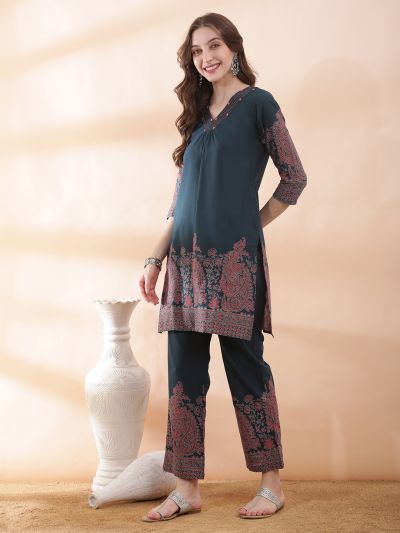 Globus Women Teal V-Neck Thread Embroidered Gathered Detail Paisley Printed Kurta With Printed Trouser Set