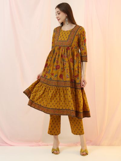 Globus Women Mustard Round Neck All Over Floral Print Flared Hem A-Line Kurta with Pant Set