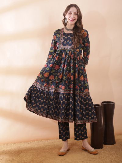 Globus Women Navy Blue Allover Floral Printed Gathered & Pleated Detail Fared Hem A-Line Kurta With Printed Pant Set