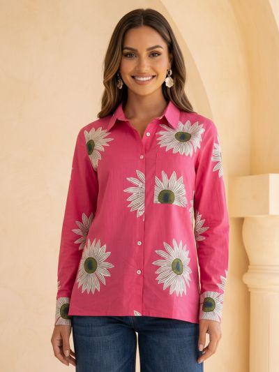 Globus Women Pink Collared Neck Cuffed Sleeves Floral Print Shirt Style Tunic 