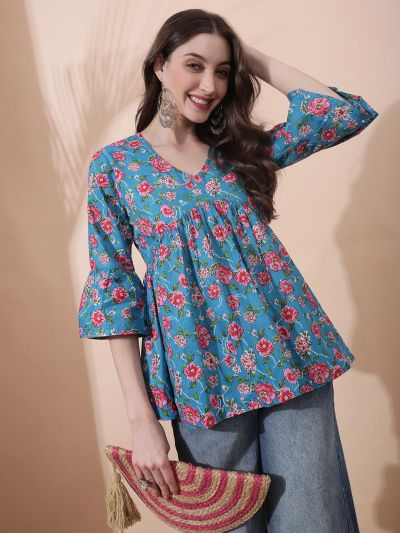 Globus Women Blue Floral Print V-Neck Bell Sleeve Gathered A-Line Alia Cut Tunic