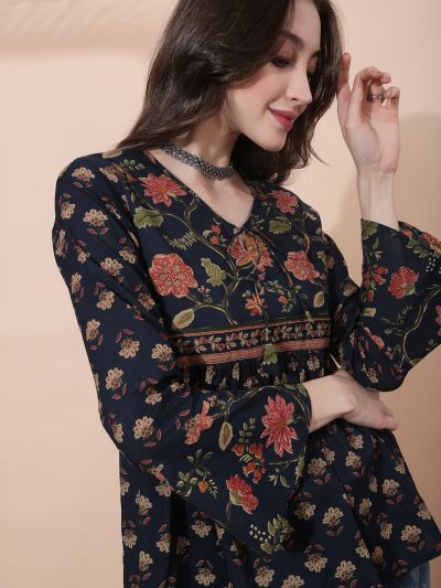 Globus Women Navy Blue Floral Print V-Neck Tie Up Detail Bell Sleeves Tunic