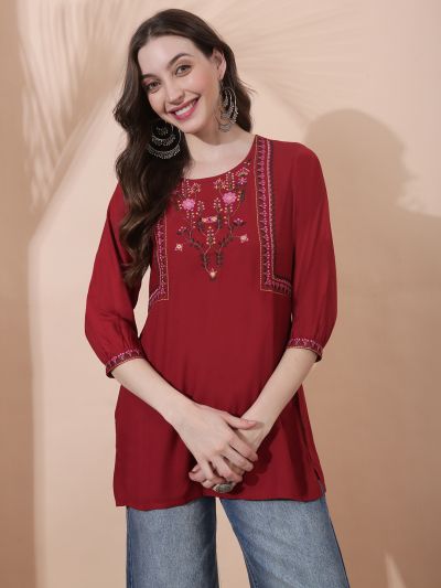 Globus Women Maroon Floral Embroidered Yoke Fusion Tunic