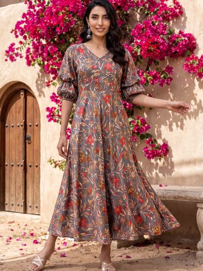 Globus Women Grey V-Neck Puff Sleeves Gold Foil Floral Print Flared Hem A-Line Midi Fusion Dress