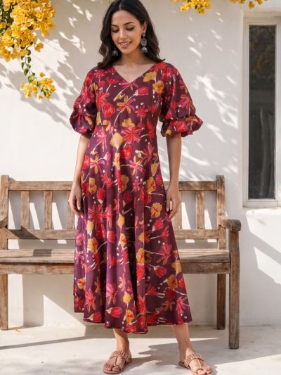 Globus Women Purple V-Neck Puff Sleeves Gold Foil Floral Print Flared Hem A-Line Midi Fusion Dress