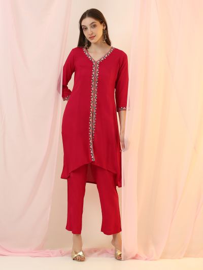 Globus Women Pink V-Neck Embroidered & Mirror Work Detail High-Low Hem Front Slit A-Line Kurta with Pants Fusion Set