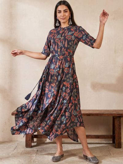 Globus Women Navy Blue Round Neck Gold Foil Floral Print Asymmetric Hem A-Line Maxi Fusion Dress With Dori