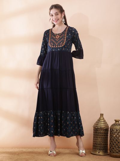 Globus Women Teal Embroidered Yoke Mirror Work Detail Foil Printed Flared Hem Tiered A-Line Maxi Dress