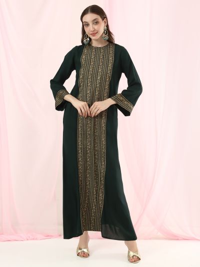 Globus Women Green Floral & Paisley Printed Bell Sleeve High-Low Hem Maxi Ethnic Dress