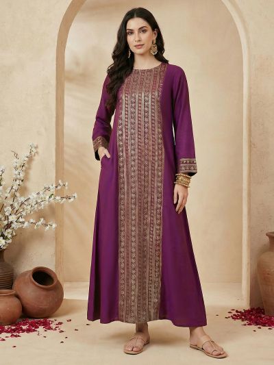 Globus Women Purple Round Neck Bell Sleeves Gold Foil Floral Print A-Line Maxi Festive Dress