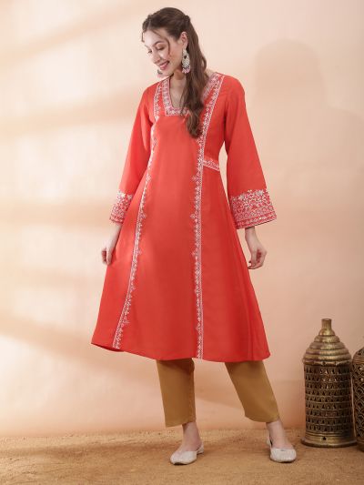 Globus Women Orange Square Neck Bell Sleeves Sequin & Thread Embroidered Detail Panelled A-Line Festive Kurta
