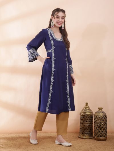 Globus Women Blue Square Neck Bell Sleeves Sequin & Thread Embroidered Detail Panelled A-Line Festive Kurta
