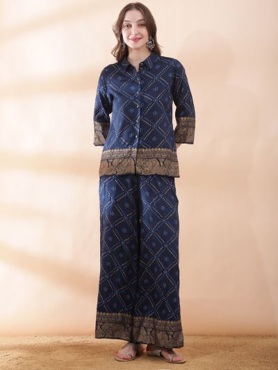 Globus Women Teal Collared Neck Gold Foil Bandhani Print Shirt with Palazzos Fusion Co-ord Set