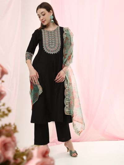Globus Women Black Sequinned Embroidered Yoke A-Line Kurta with Pants & Scalloped Border Floral Printed Dupatta Festive Set