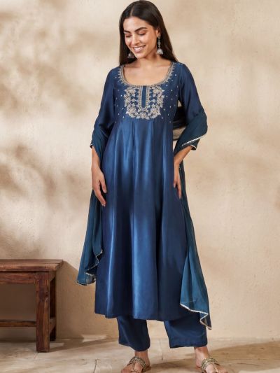 Globus Women Teal Square Neck Zari Embroidered Panelled Anarkali Kurta with Trousers and Dupatta Festive Set
