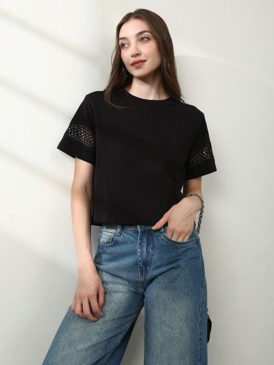 Globus Women Black Round Neck Short Sleeves Lace Insert Detail Crop T-Shirt