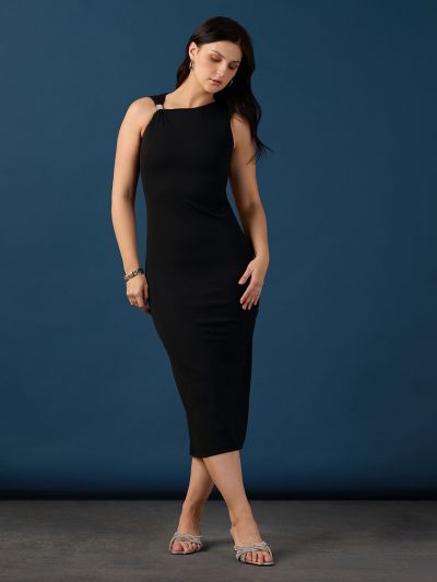 Globus Women Black One Shoulder Twisted Detail Back Slit Midi Bodycon Party Dress