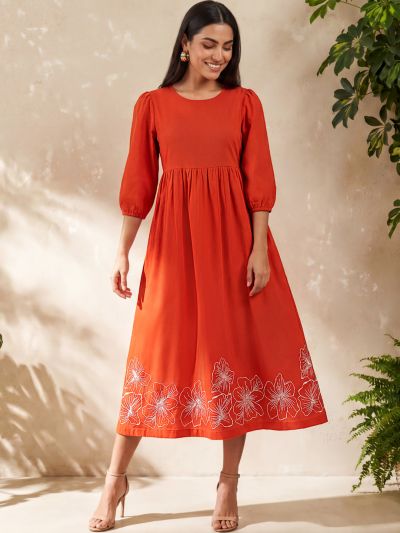 Globus Women Rust Round Neck Puff Sleeves Floral Embroidered Smocked Gathered Fit & Flare Midi Dress