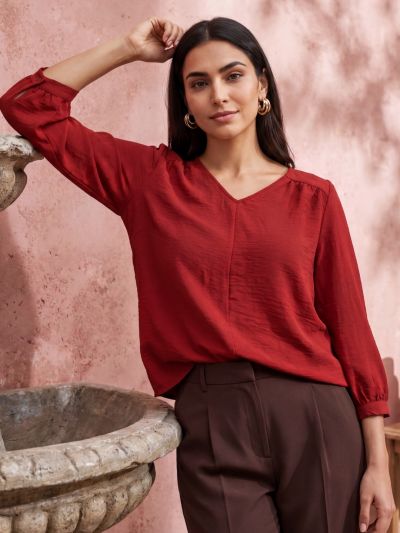 Globus Women Maroon V-Neck Puff Sleeves Gathered Detail Top 
