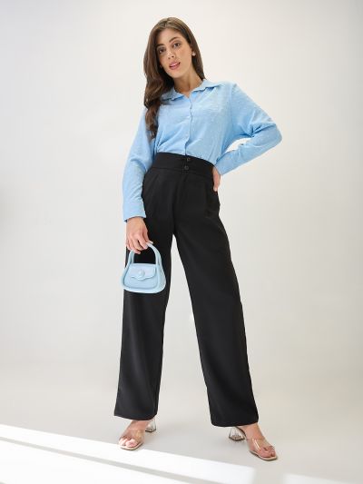 Globus Women Black Mid-Rise Pleated Formal Korean Pants