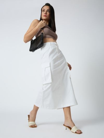 Globus Women White Stretchable Solid Mid-Rise Straight Fit Midi Cargo Skirt