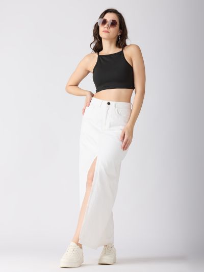 Globus Women White Solid Mid-Rise Front Slit Straight Maxi Denim Skirt