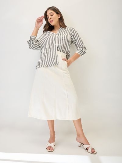 Globus Women White Mid Rise Panelled A-Line Midi Denim Skirt