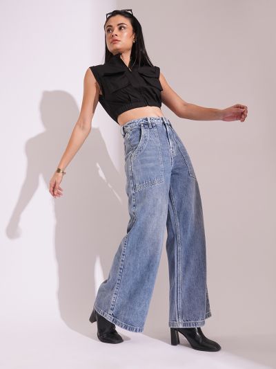Globus Women Light Blue Cotton High Rise Whiskers Effect Wide Leg Jeans