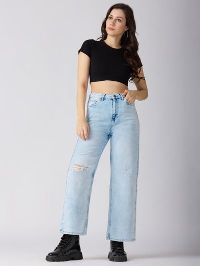 Globus Women Light Blue Cotton Distress Mid-Rise Wide Leg Jeans