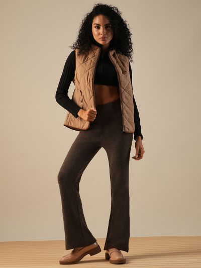 Globus Women Brown Self Design High-Rise Flared Party Treggings