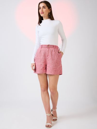 Globus Women Red Linen Cotton Mid-Rise Partially Elasticated Button Closure Mini Casual Shorts