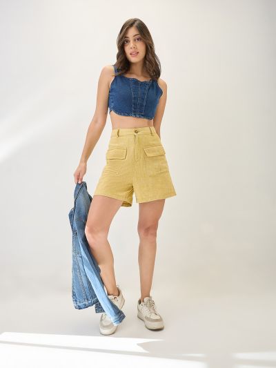 Globus Women Mustard Linen Cotton High-Rise Relaxed Fit Above Knee Shorts