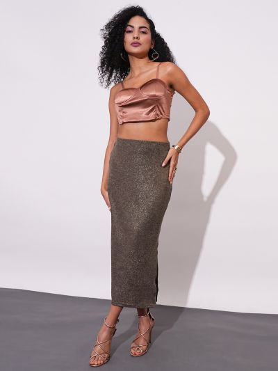 Globus Women Gold Sheen Self Design Stretchable Mid-Rise Side Slit Maxi Party Pencil Skirt