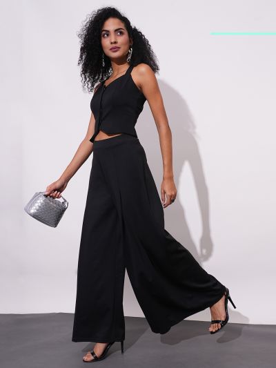 Globus Women Black Mid-Rise Relaxed Fit Casual Flared Wide Leg Casual Treggings